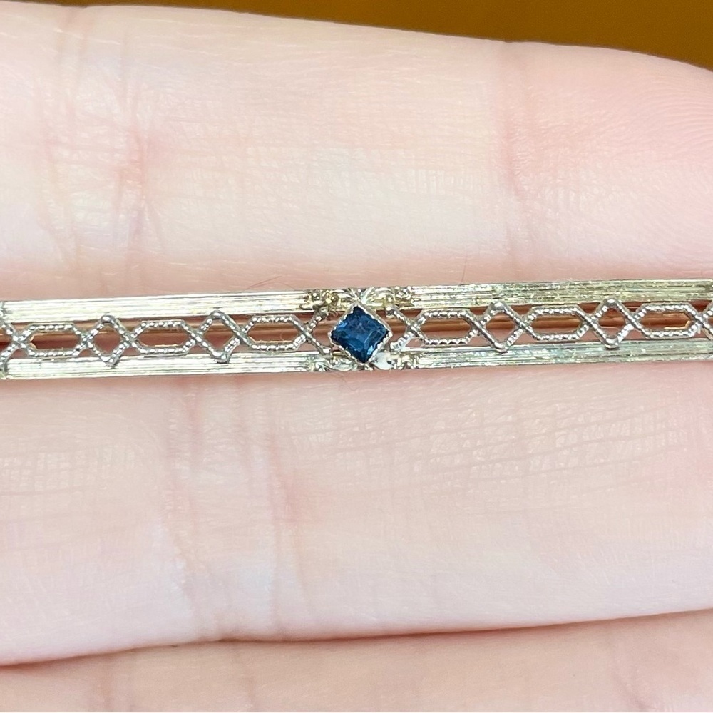 10K Sapphire art nouveau style vintage filigree blue solid gold bar pin brooch﻿ - Picture 2 of 10
